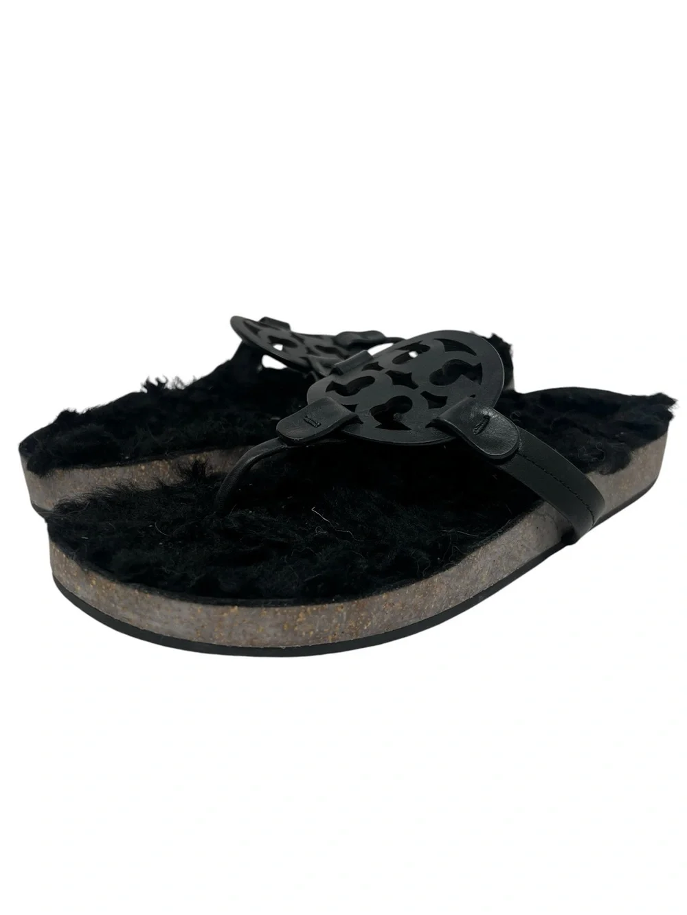 Tory Burch Black Furry Logo Thong Sandals